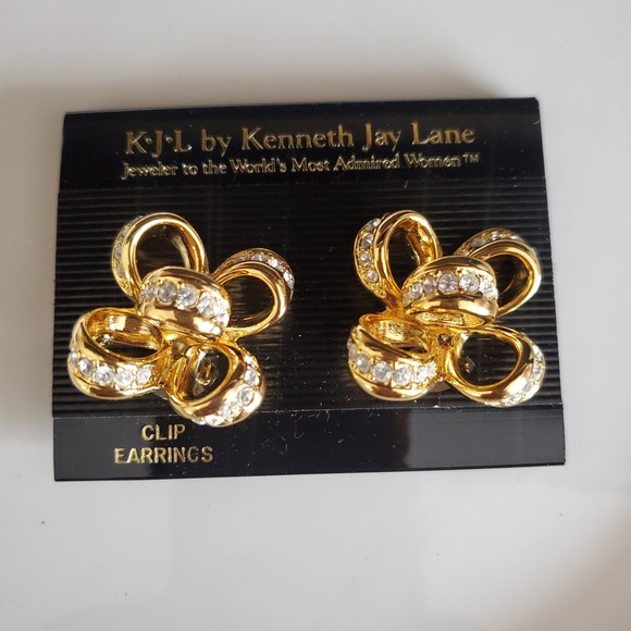 Kenneth J Lane KJL Gold Plated Bow Clip-On Earrings Rhinestone Floral Design - Picture 1 of 7